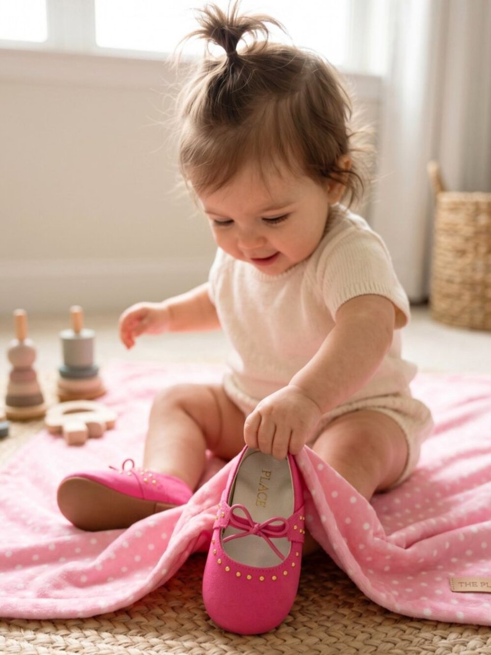 The Children’s Place ✦ Pink Baby Blanket & Shoes Set ✦ Polka Dot Fleece Bow‑Stud